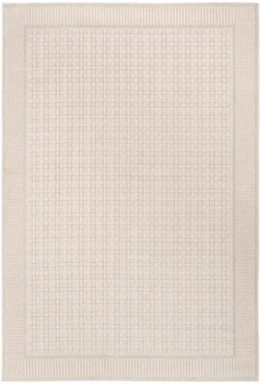 Beige rectangular rug with a soft grid pattern in the center and a textured bordered edge, neutral modern living-room rug.