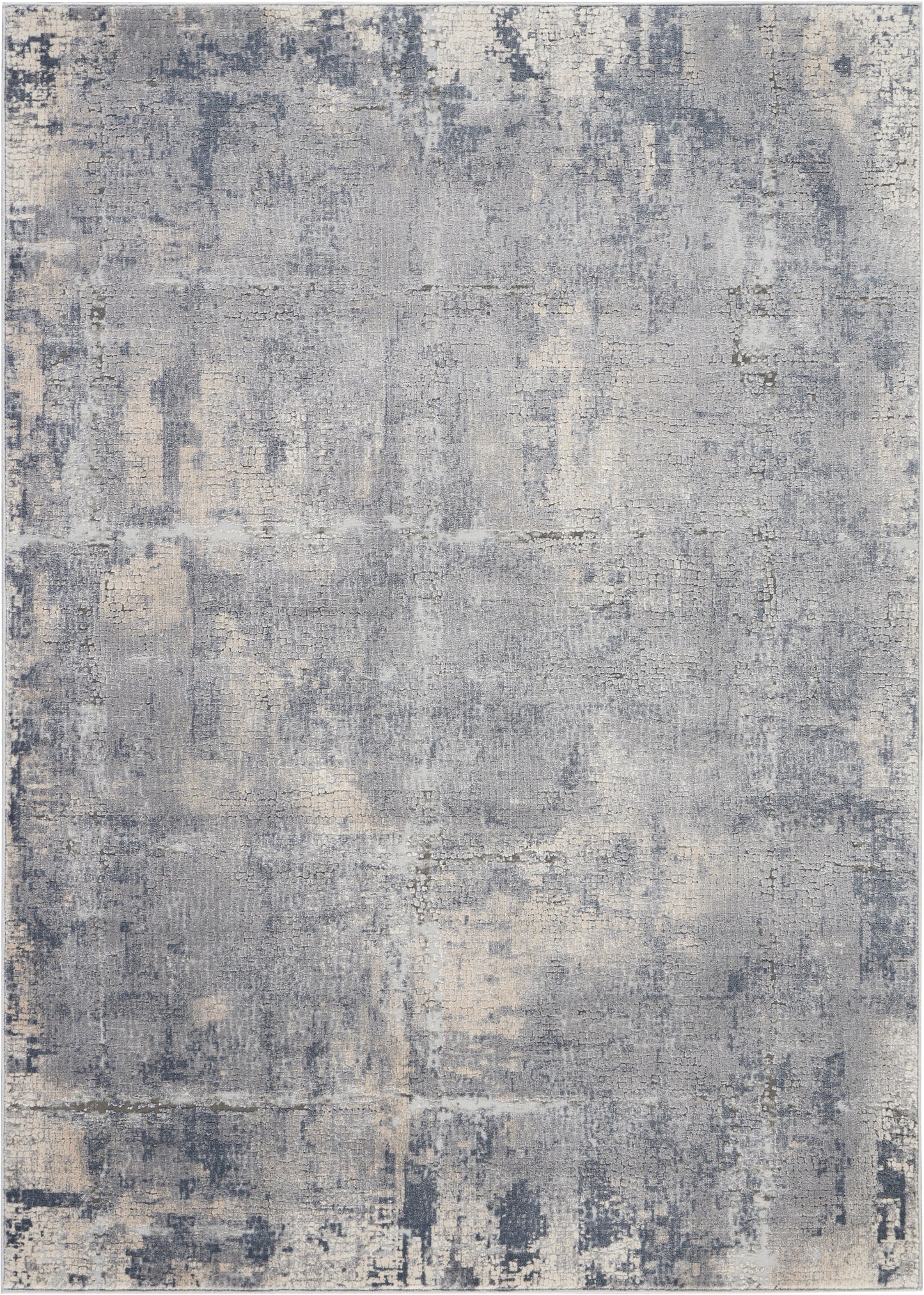 Rectangular rustic area rug in blue-gray with beige distressed abstract pattern, soft vintage look, 6' x 9'.