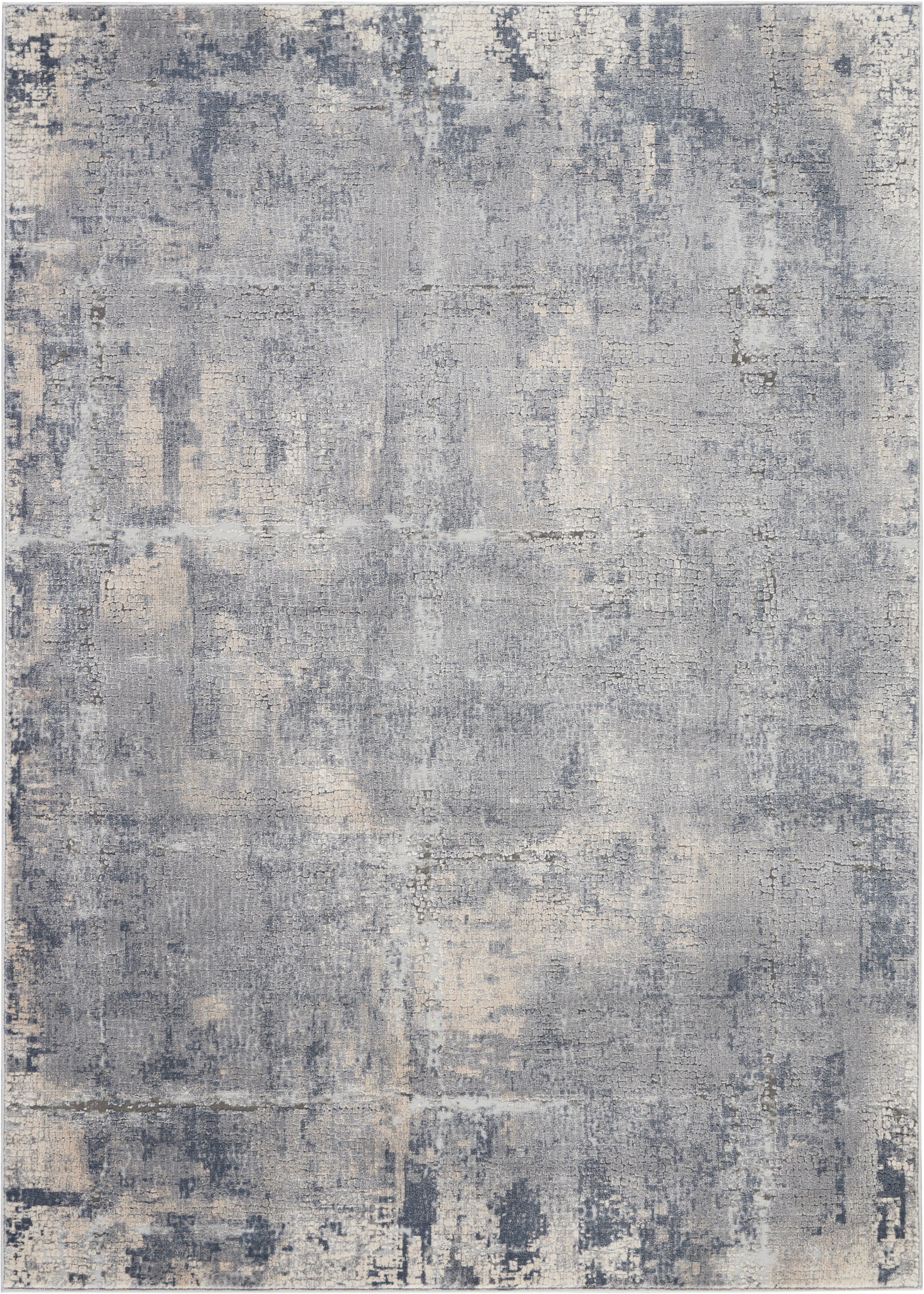 Rectangular rustic area rug in blue-gray with beige distressed abstract pattern, soft vintage look, 6' x 9'.