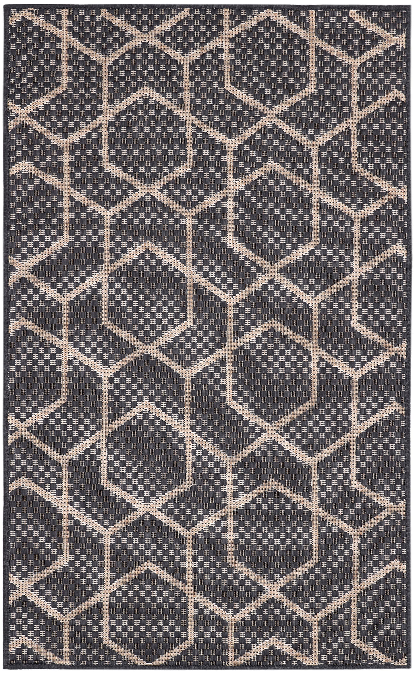 Flatwoven navy rug with beige diamond lattice pattern; geometric, modern decor for living room or entry.