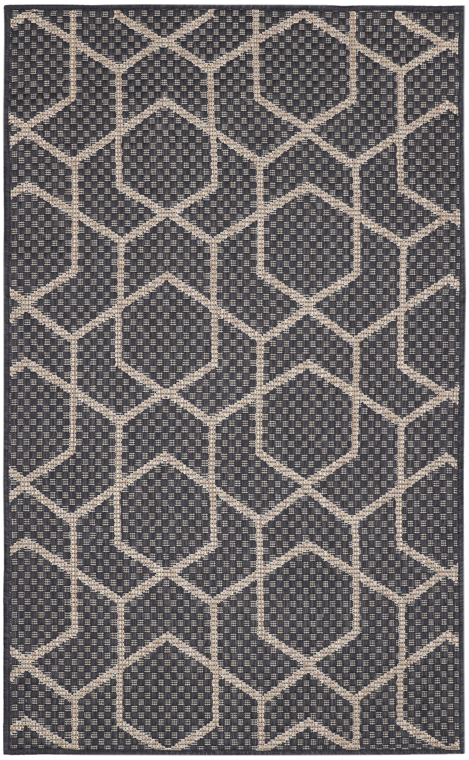 Flatwoven navy rug with beige diamond lattice pattern; geometric, modern decor for living room or entry.