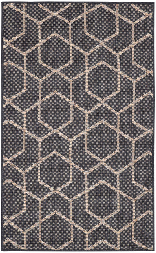 Flatwoven navy rug with beige diamond lattice pattern; geometric, modern decor for living room or entry.