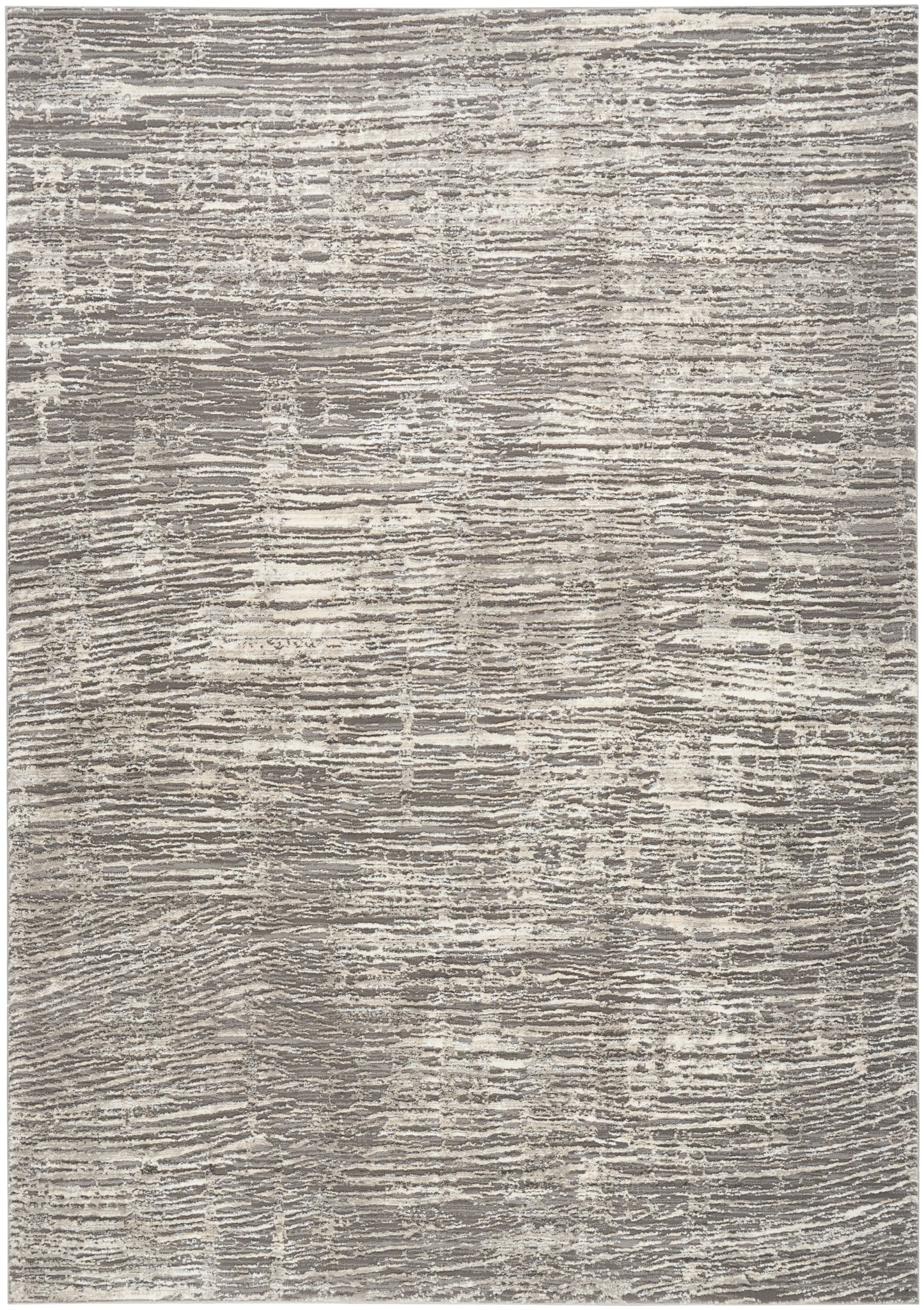 Rectangular gray and beige area rug with abstract linear texture; plush woven pile, modern transitional style.