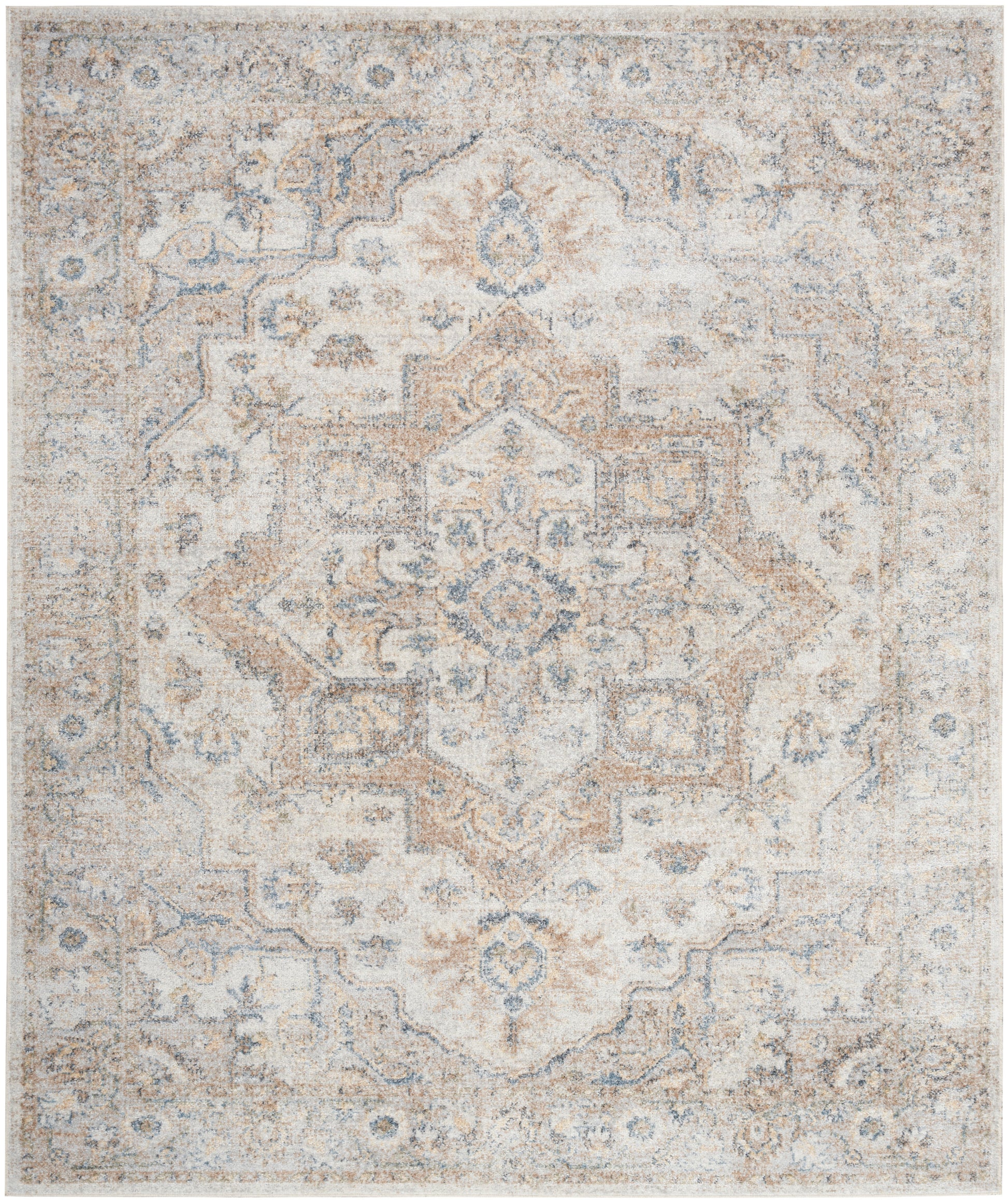 Distressed beige and ivory oriental rug with pale blue accents, featuring a central medallion and ornate border.