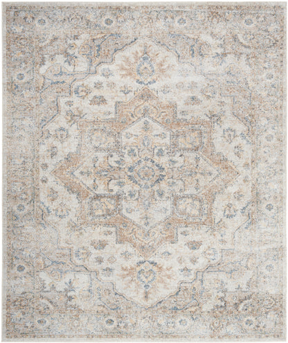 Distressed beige and ivory oriental rug with pale blue accents, featuring a central medallion and ornate border.