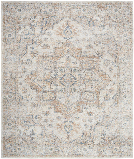 Distressed beige and ivory oriental rug with pale blue accents, featuring a central medallion and ornate border.