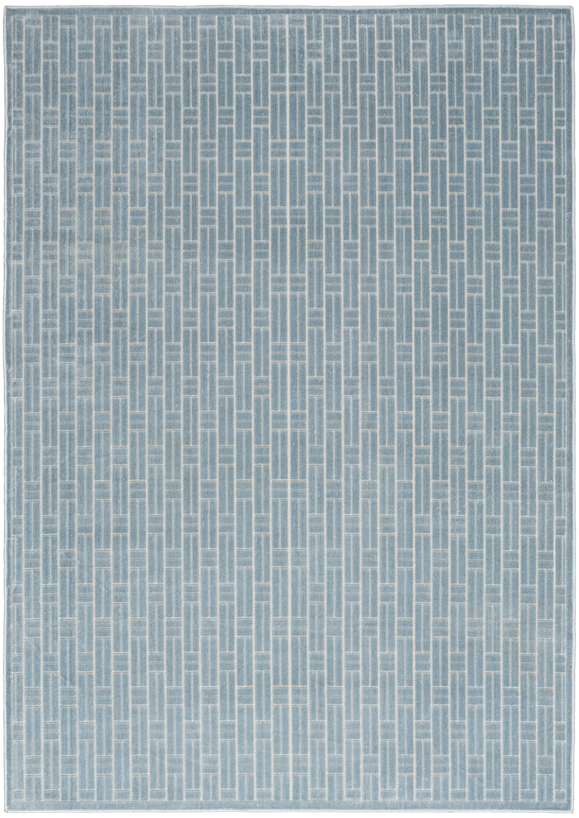Blue woven area rug with pale blue-white vertical ladder pattern and light border, modern geometric style for living room.