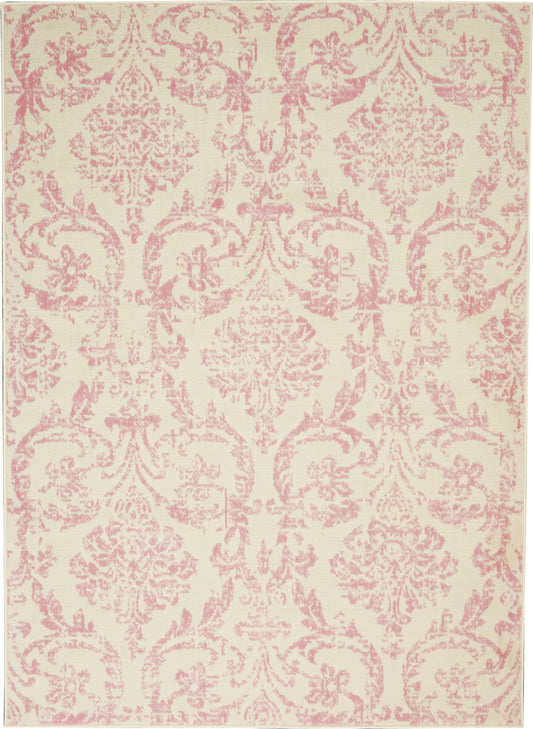 Rectangular cream rug with pink damask floral pattern; woven fabric, decorative vintage style for living room or bedroom.