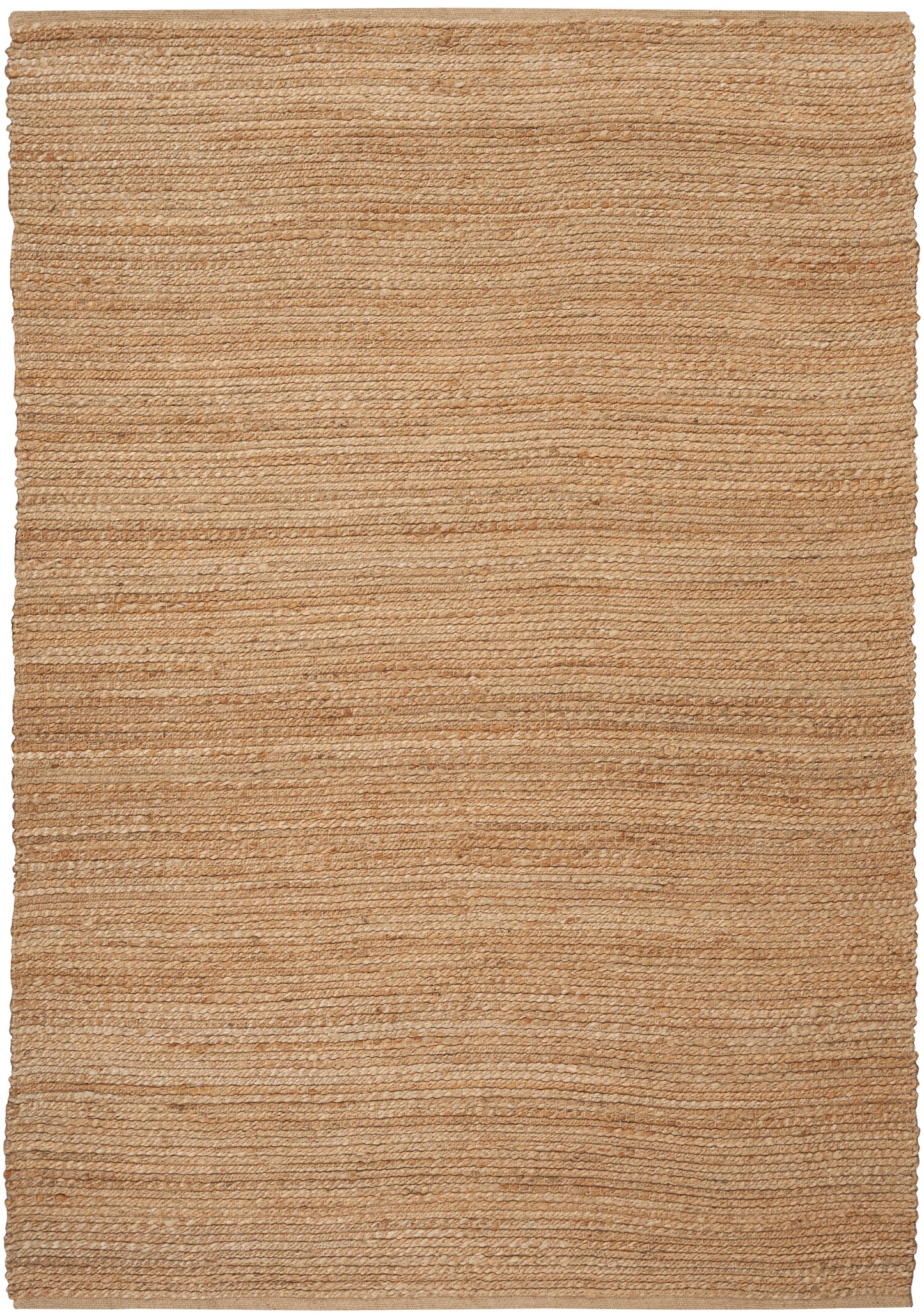 Beige natural jute rug with textured horizontal weave; rectangular floor mat for living room or entryway.