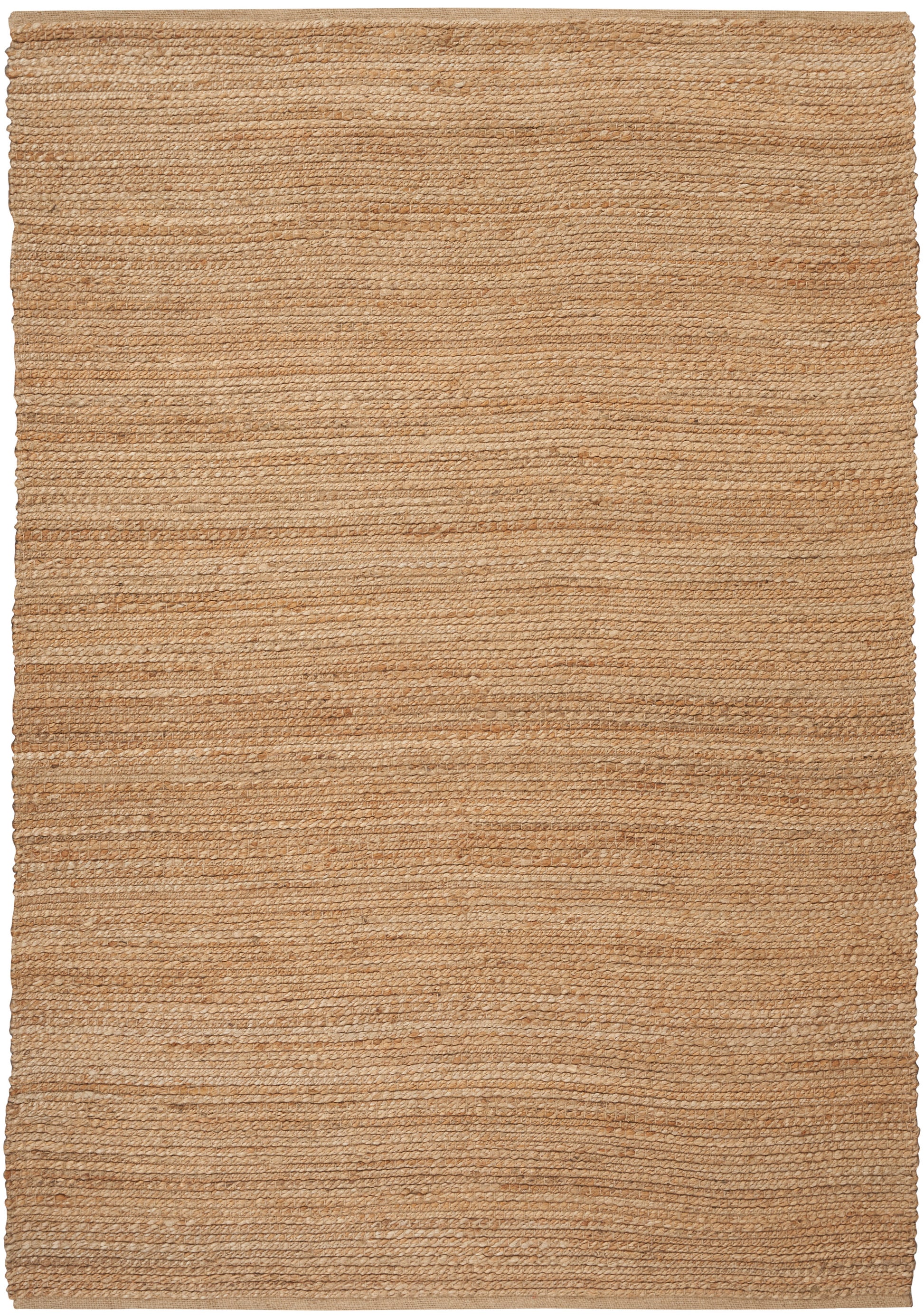 Beige natural jute rug with textured horizontal weave; rectangular floor mat for living room or entryway.