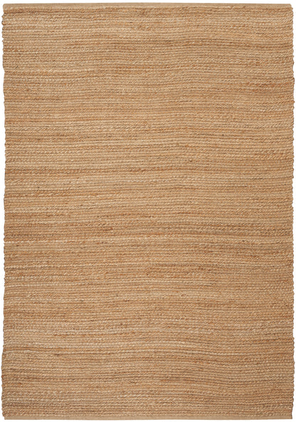 Beige natural jute rug with textured horizontal weave; rectangular floor mat for living room or entryway.