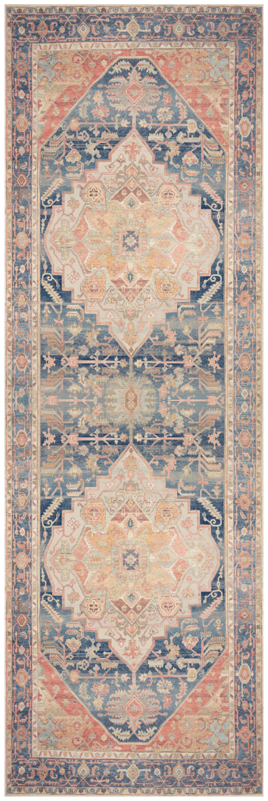 Persian-style runner rug in navy, peach and ivory with geometric medallions and floral borders; hallway decor