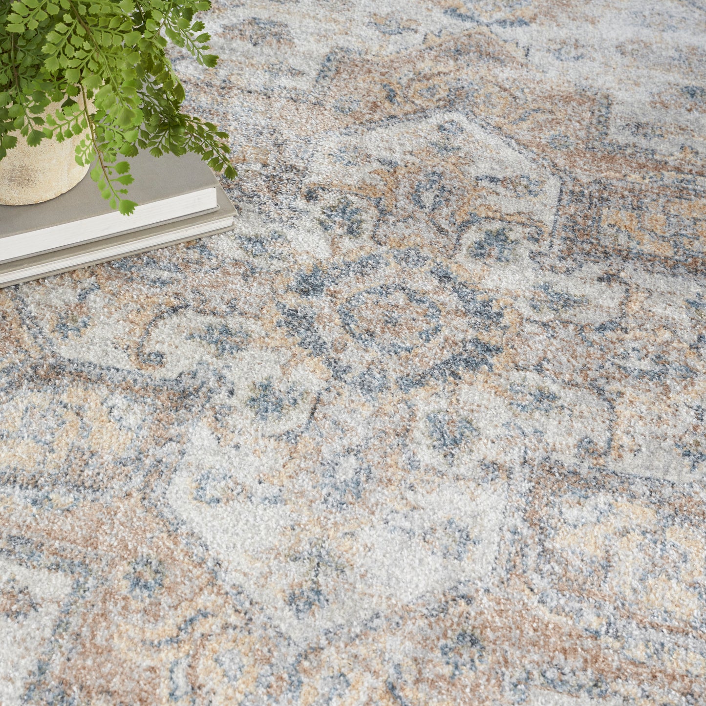 Textured area rug with distressed floral medallion pattern in beige, blue & tan; potted fern & books at edge.