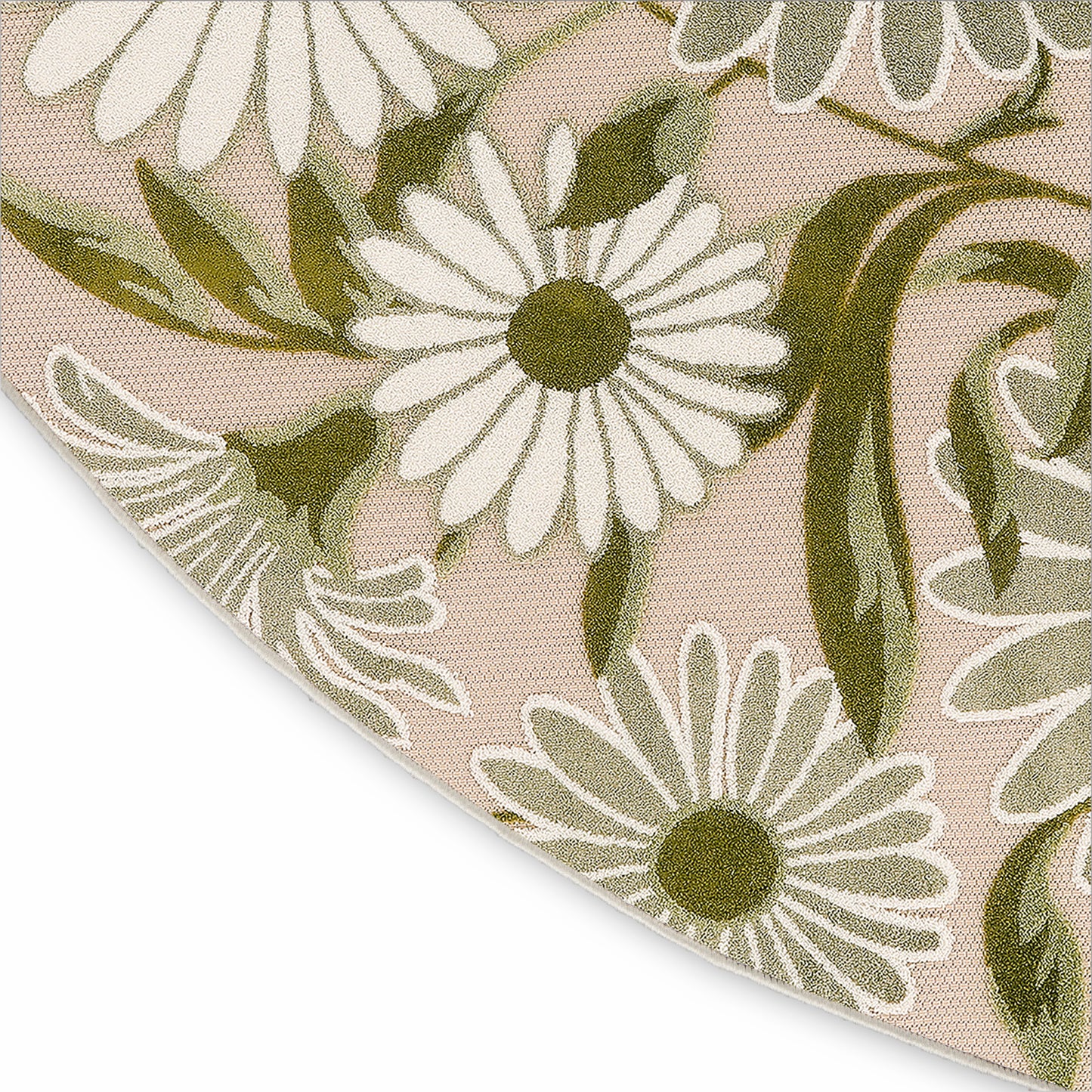 Beige outdoor round rug with white daisies, olive-green centers and leaves; close-up view.
