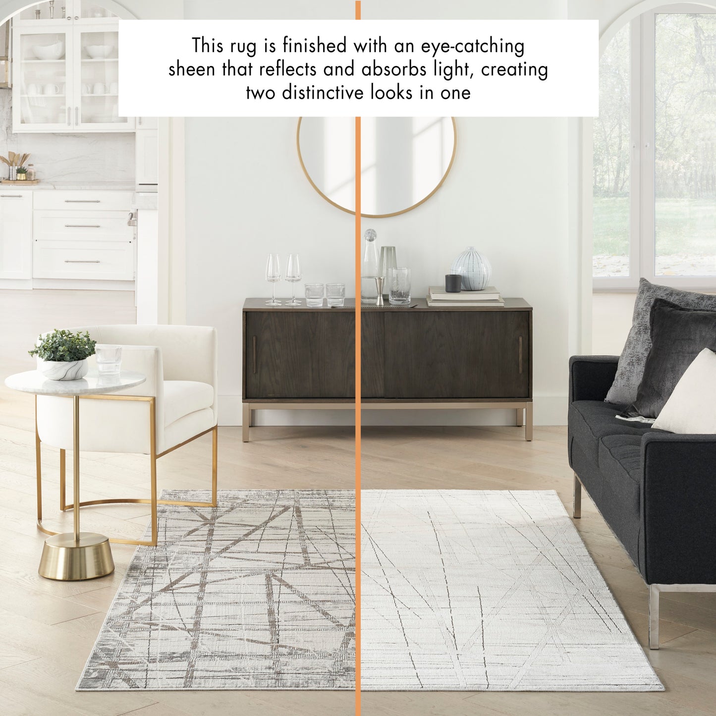 Two-tone woven area rug split gray and white with abstract lines in a modern living room.