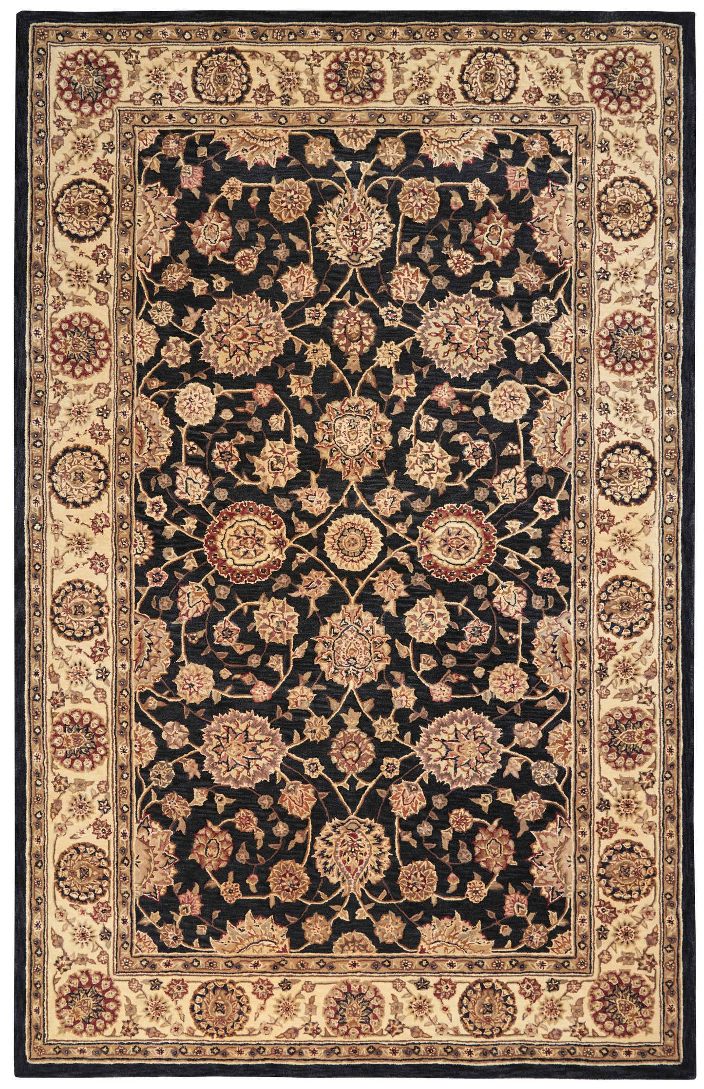 Persian-style rug with black central field of gold floral vines; cream border with circular medallions and red accents.