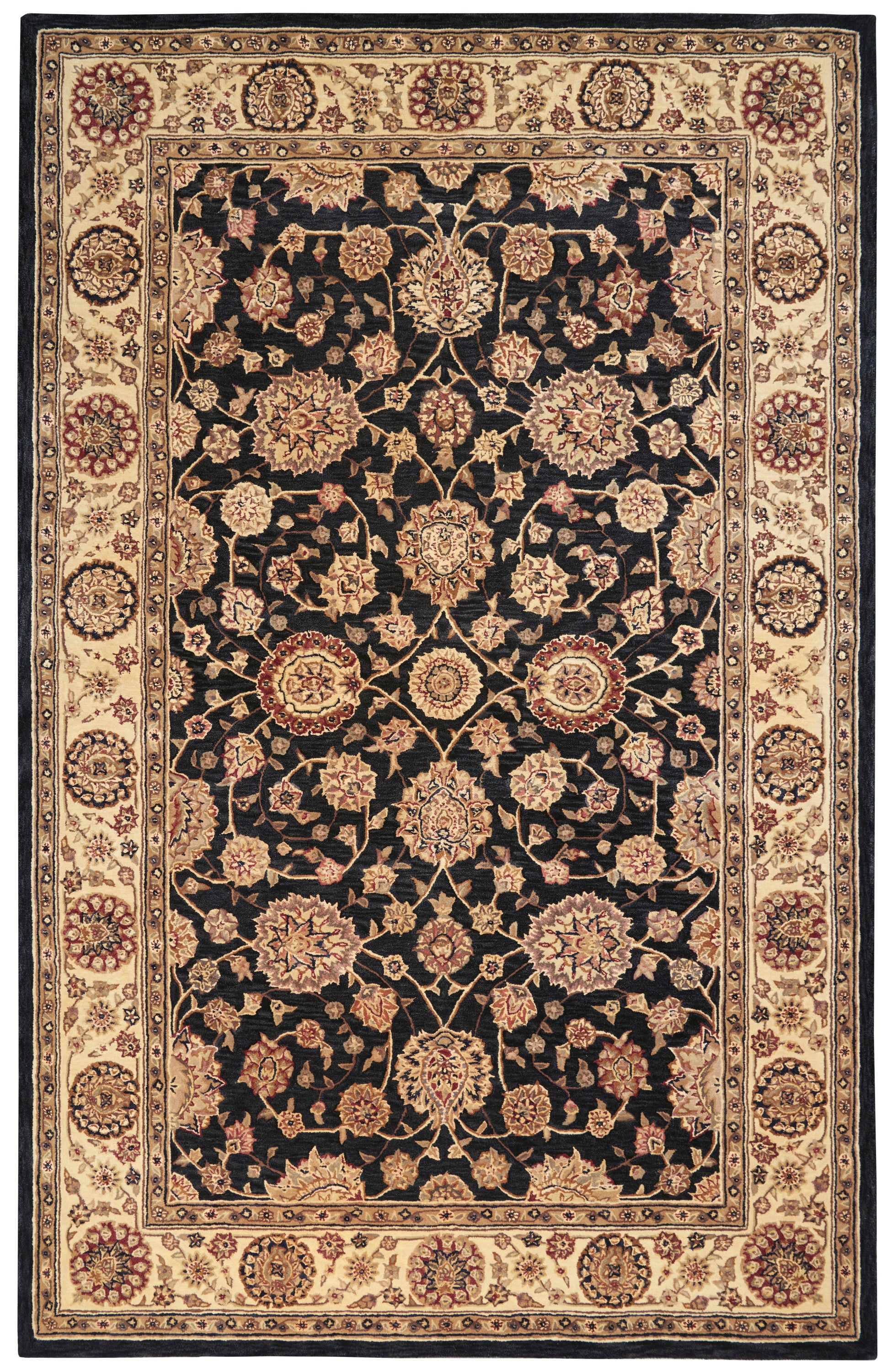 Persian-style rug with black central field of gold floral vines; cream border with circular medallions and red accents.