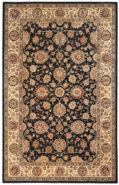 Persian-style rug with black central field of gold floral vines; cream border with circular medallions and red accents.