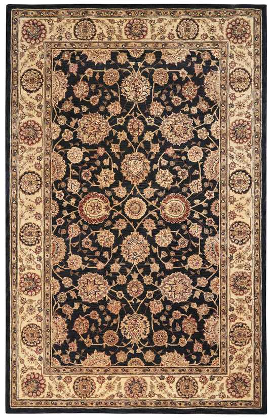 Persian-style rug with black central field of gold floral vines; cream border with circular medallions and red accents.