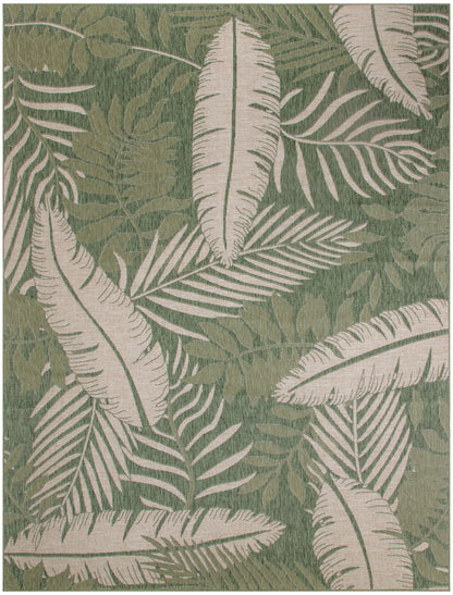 Cream palm leaf pattern on an olive green background; outdoor rug, tropical botanical motif, 9' x 12'.