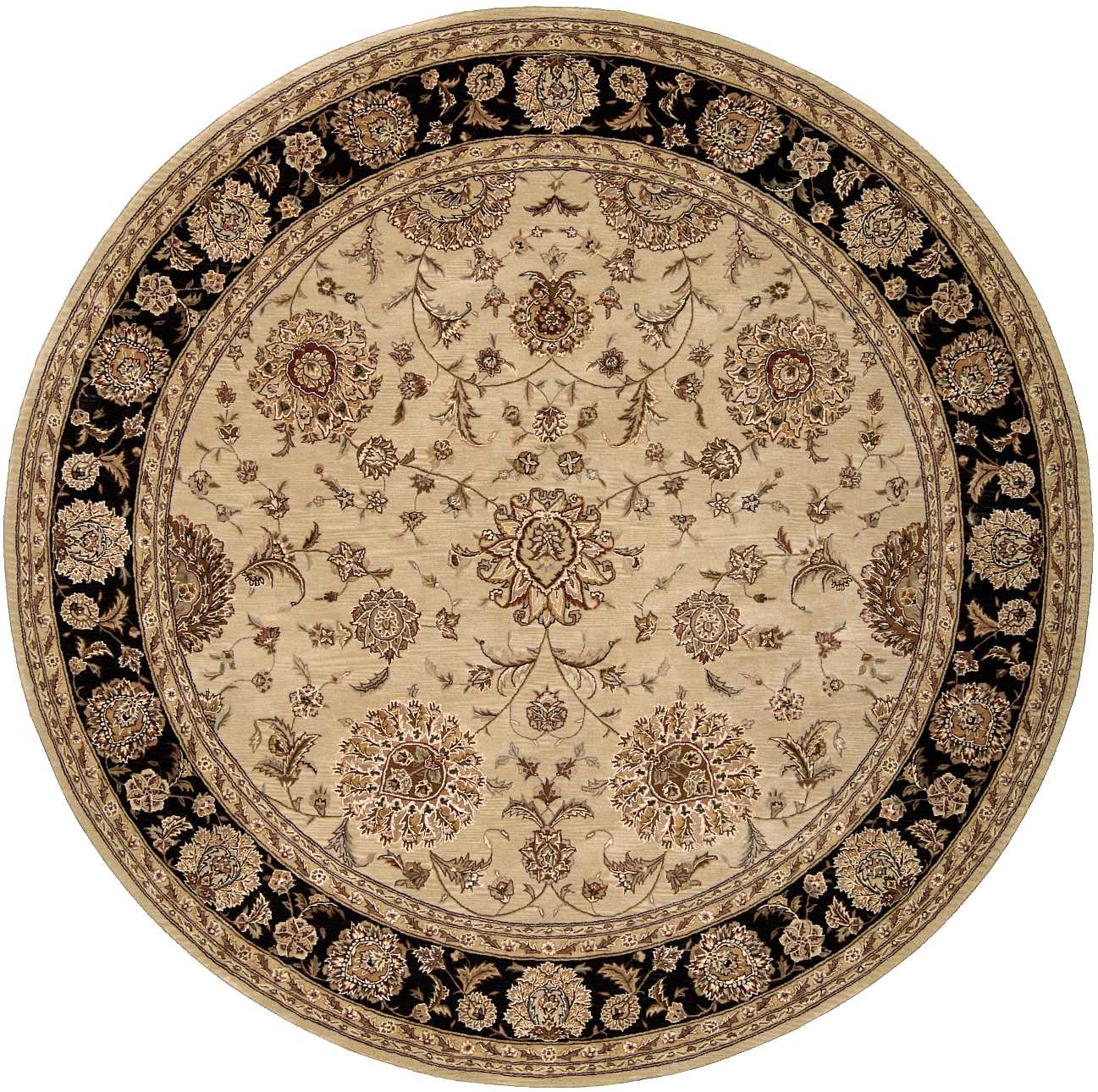 Round beige oriental rug with a black border of gold-brown florals and scrolling vines.