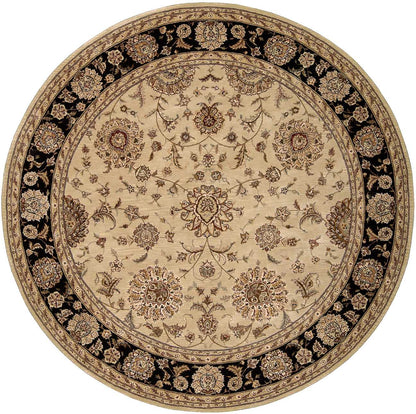 Round beige oriental rug with a black border of gold-brown florals and scrolling vines.