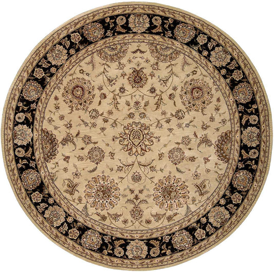 Round beige oriental rug with a black border of gold-brown florals and scrolling vines.