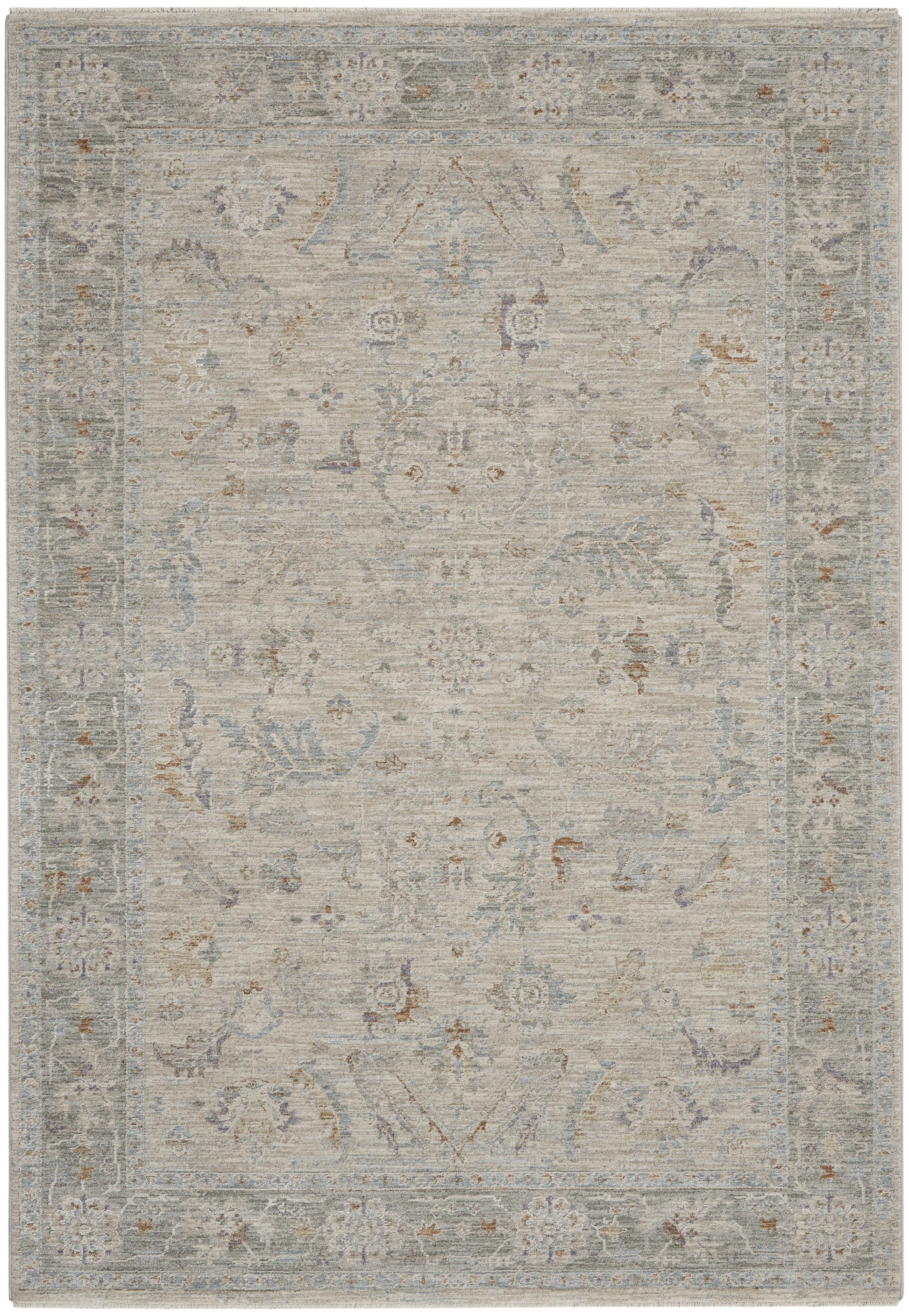 Soft distressed area rug in muted gray-beige with pale blue floral motifs and ornate border, traditional Oriental style.