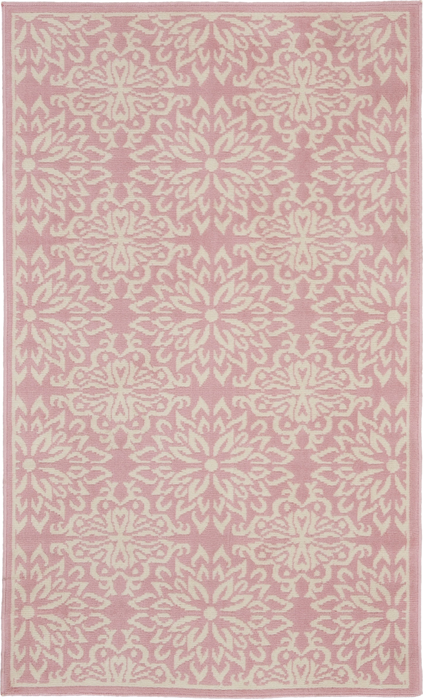 Pink rug with ivory damask floral medallion pattern and pale border, decorative rectangular rug.