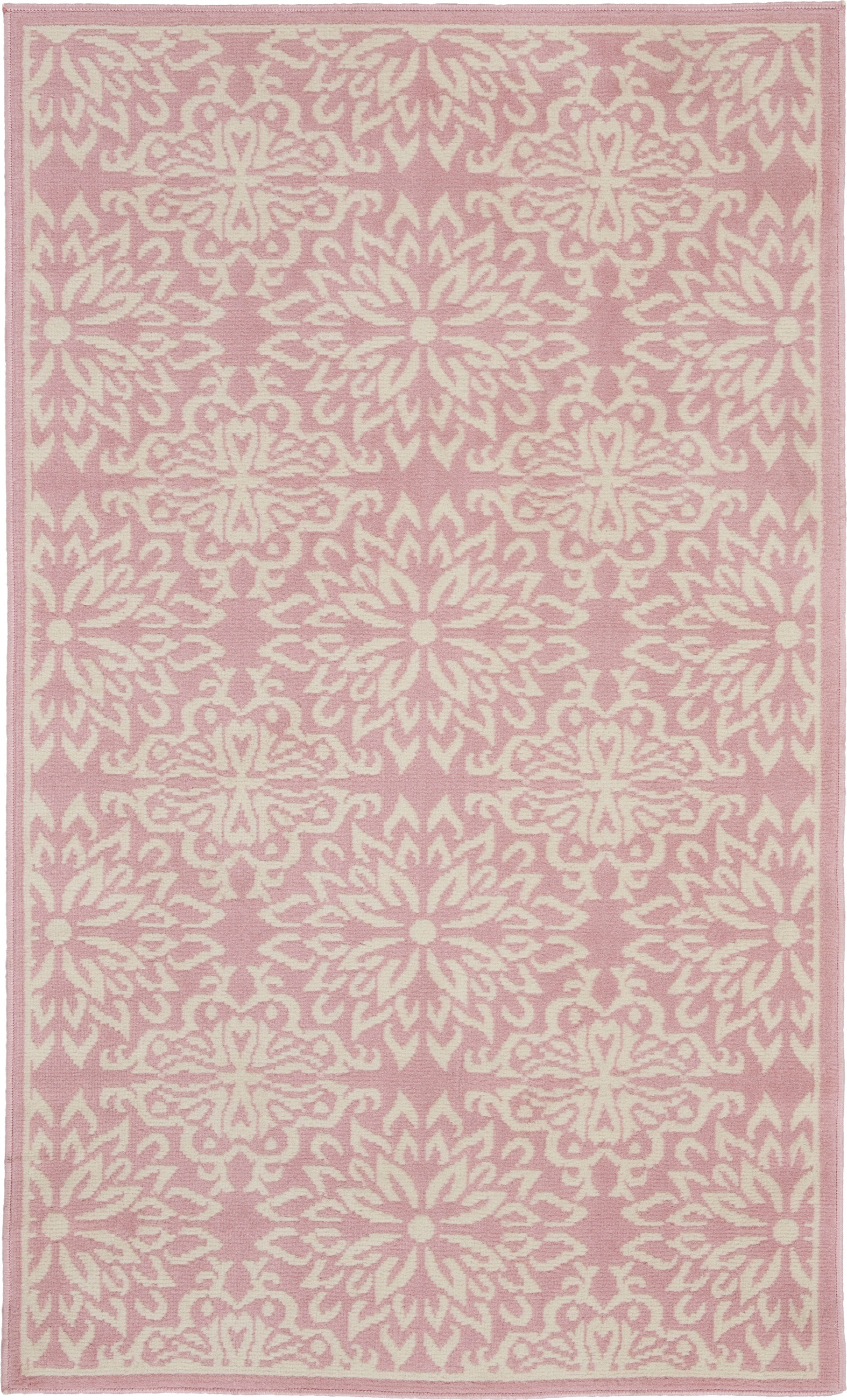 Pink rug with ivory damask floral medallion pattern and pale border, decorative rectangular rug.