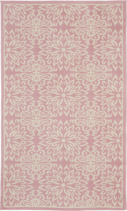 Pink rug with ivory damask floral medallion pattern and pale border, decorative rectangular rug.