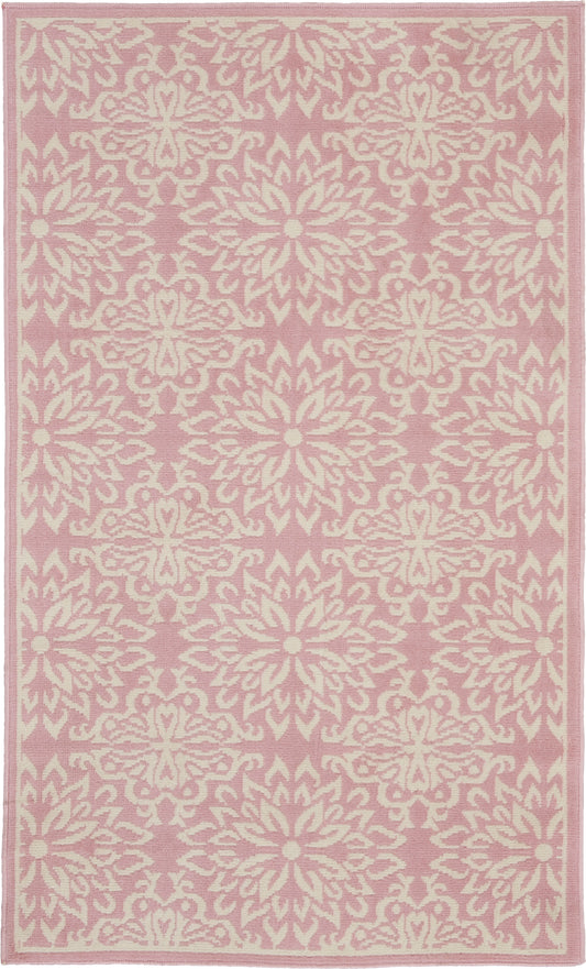 Pink rug with ivory damask floral medallion pattern and pale border, decorative rectangular rug.