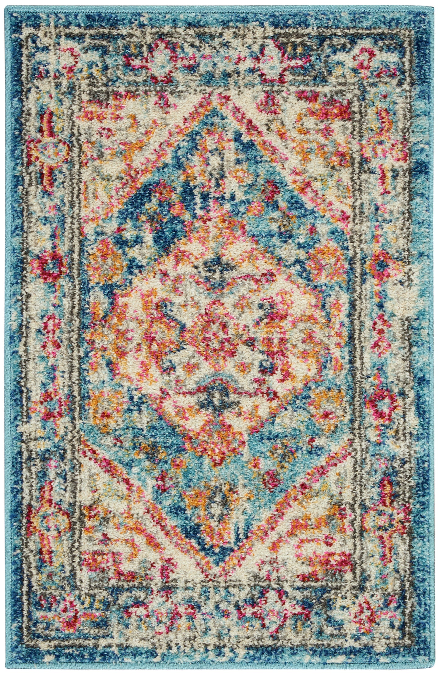 Vibrant distressed vintage rug with turquoise border, cream center & pink-blue-orange accents; rectangular with soft pile.