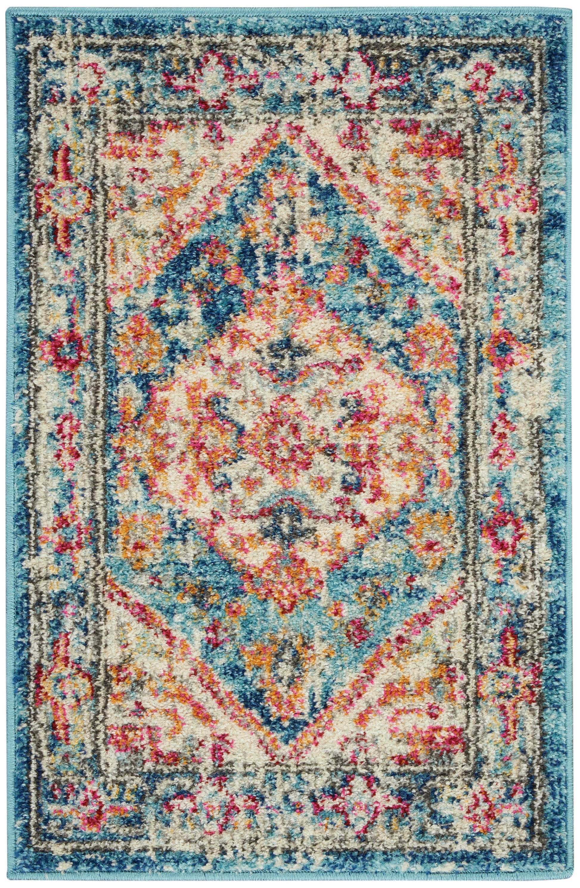 Vibrant distressed vintage rug with turquoise border, cream center & pink-blue-orange accents; rectangular with soft pile.