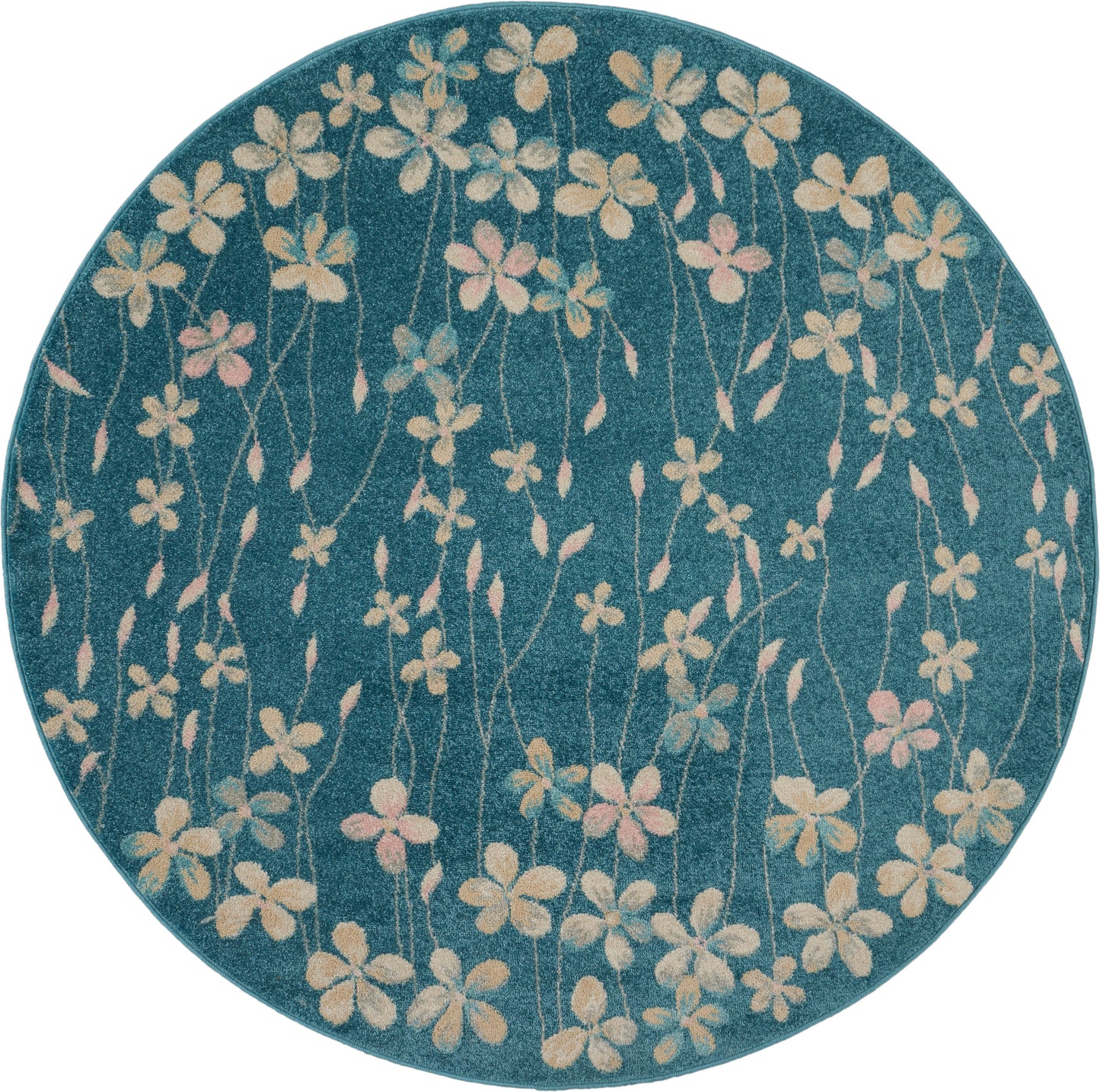 Round teal rug featuring cream and pink floral pattern with slender stems.