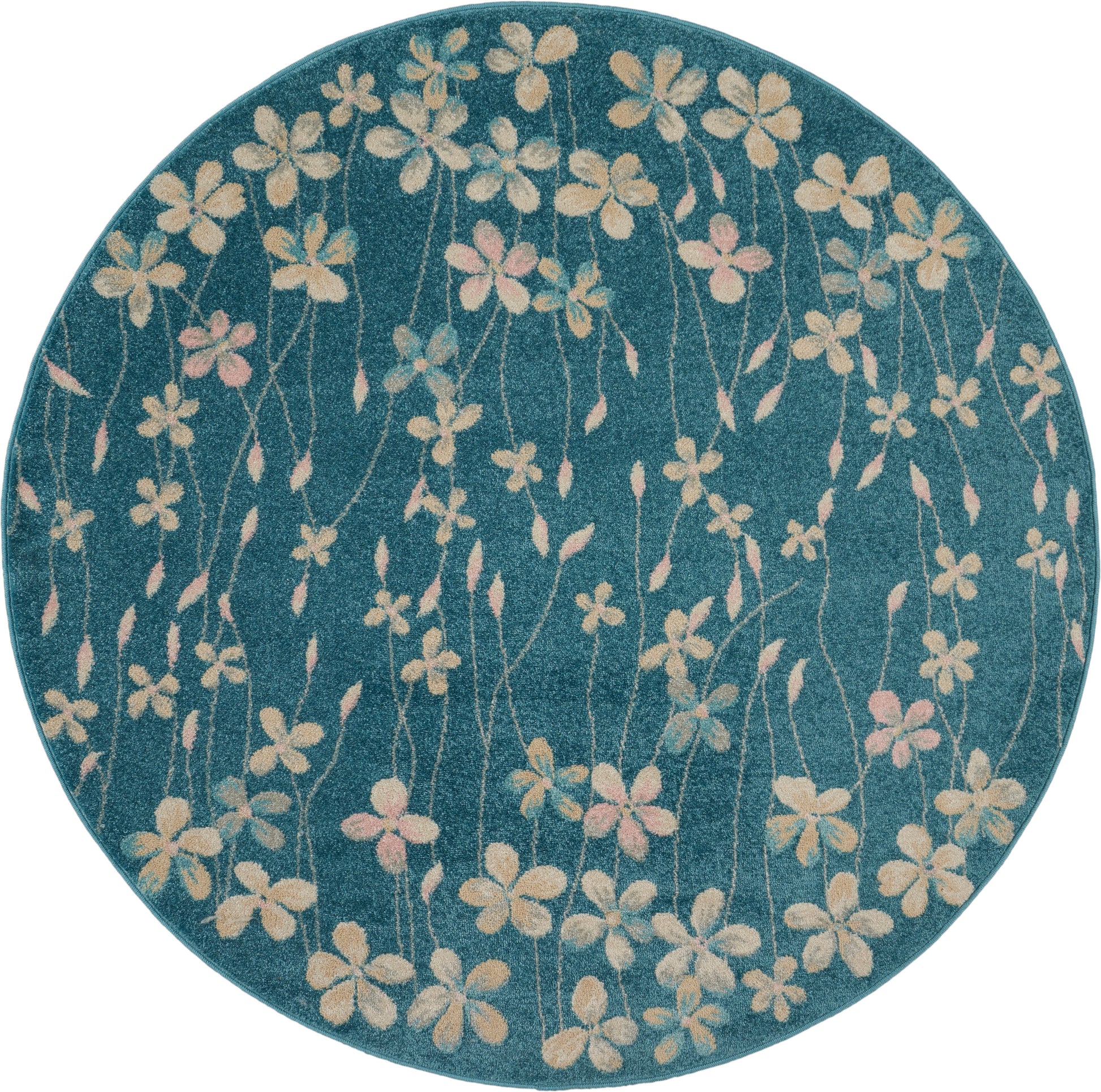 Round teal rug featuring cream and pink floral pattern with slender stems.