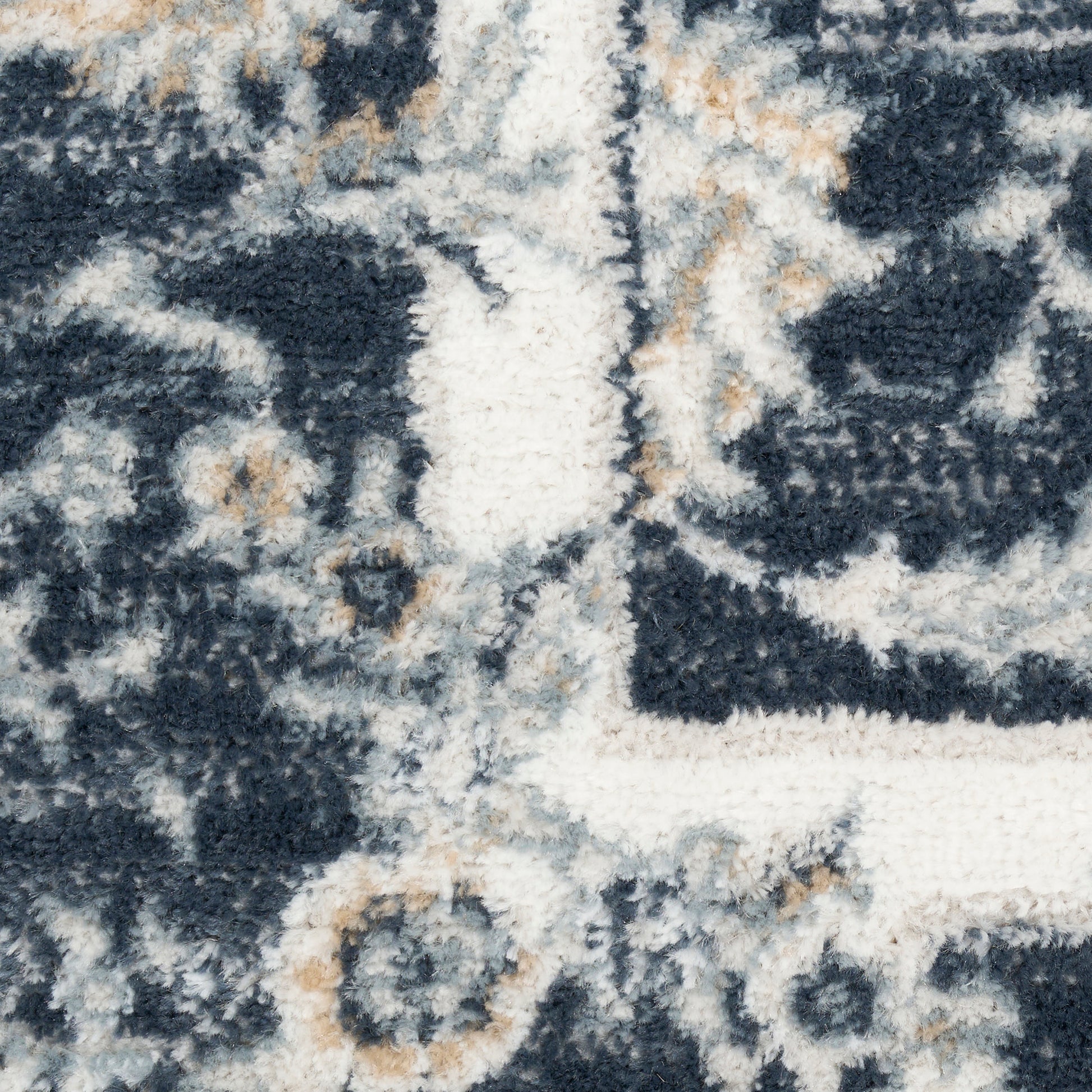 Close-up of navy and ivory oriental-style rug with beige accents; fluffy high-pile shag texture.