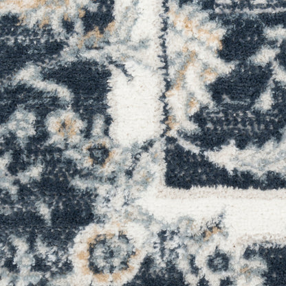 Close-up of navy and ivory oriental-style rug with beige accents; fluffy high-pile shag texture.
