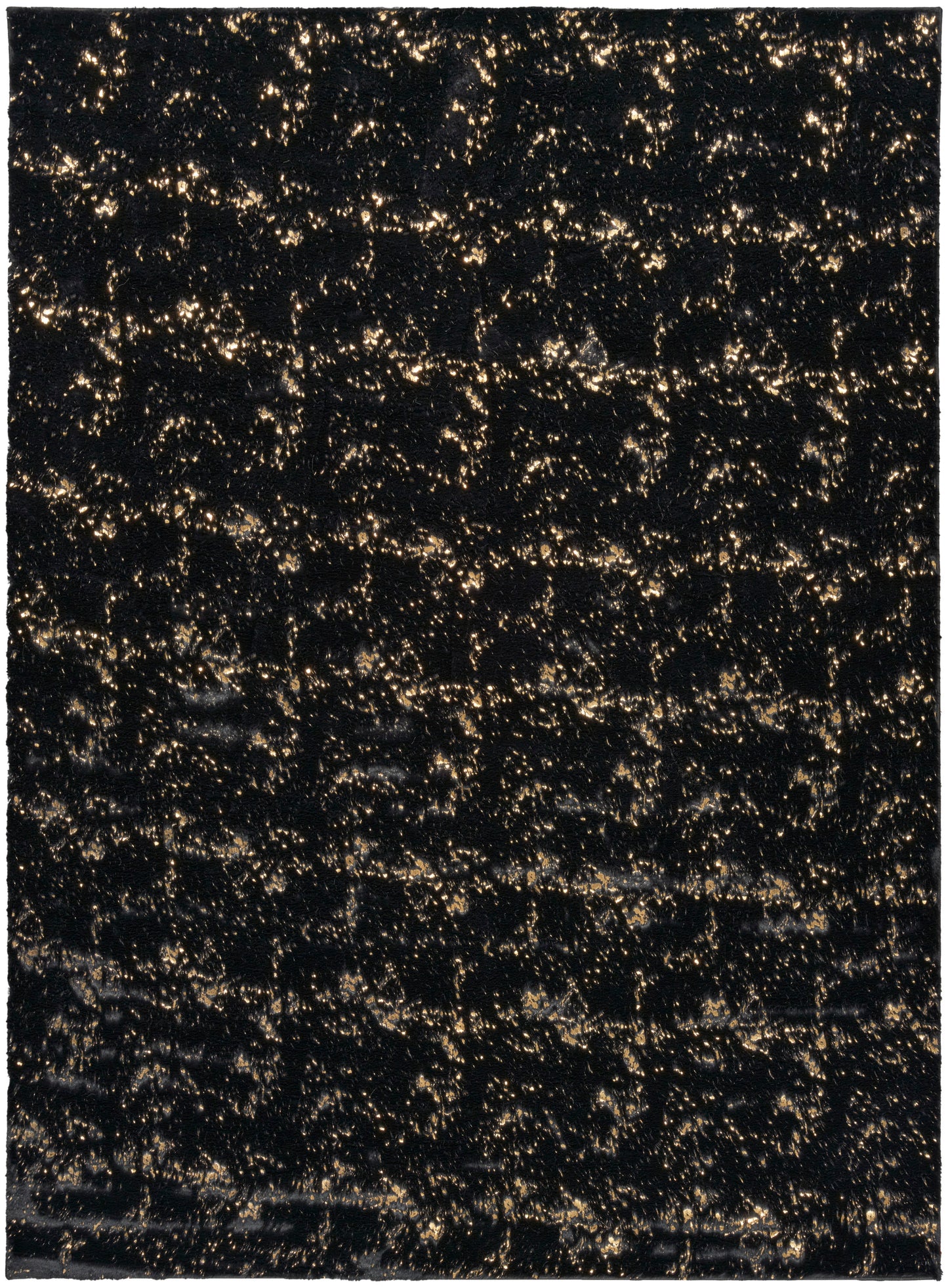 Black glittery fabric with gold specks, shimmering textured swatch for apparel or crafts.