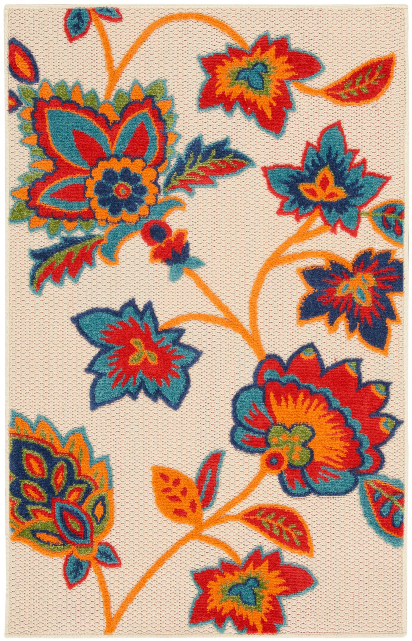 Bold floral area rug with large orange, teal, blue and red flowers on a cream woven background; boho style.