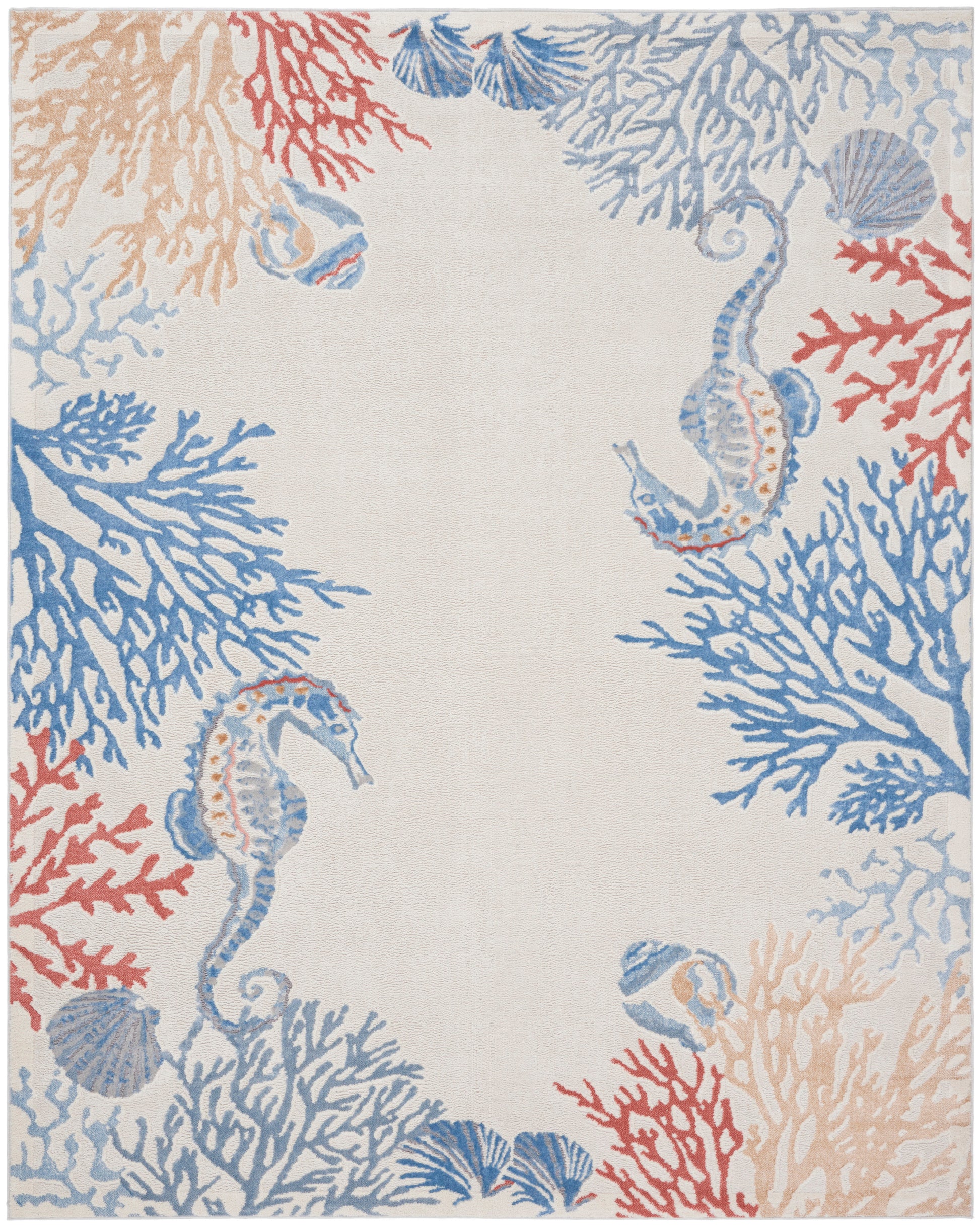 Cream coastal rug with blue, teal & orange coral motifs framing seahorses; soft woven texture.