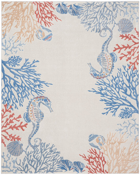 Cream coastal rug with blue, teal & orange coral motifs framing seahorses; soft woven texture.