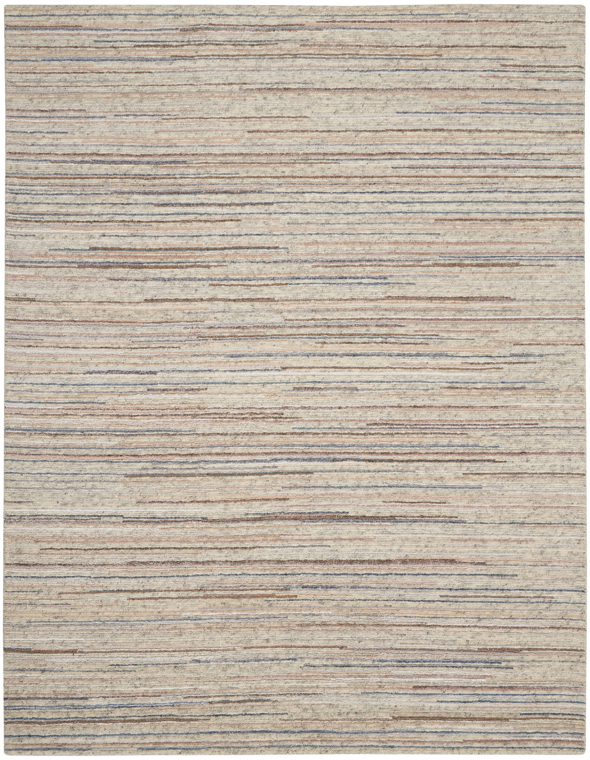Beige flat-weave rug with irregular horizontal blue, taupe and brown stripes.