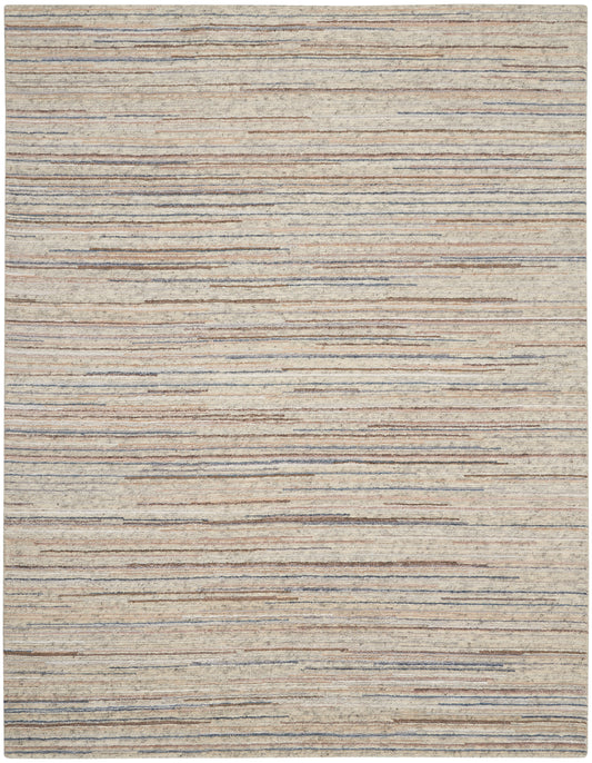 Beige flat-weave rug with irregular horizontal blue, taupe and brown stripes.