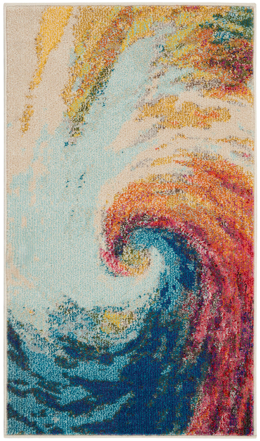 Abstract swirl area rug in vibrant yellows, teals, blues and pinks; soft textured pattern for contemporary living spaces.