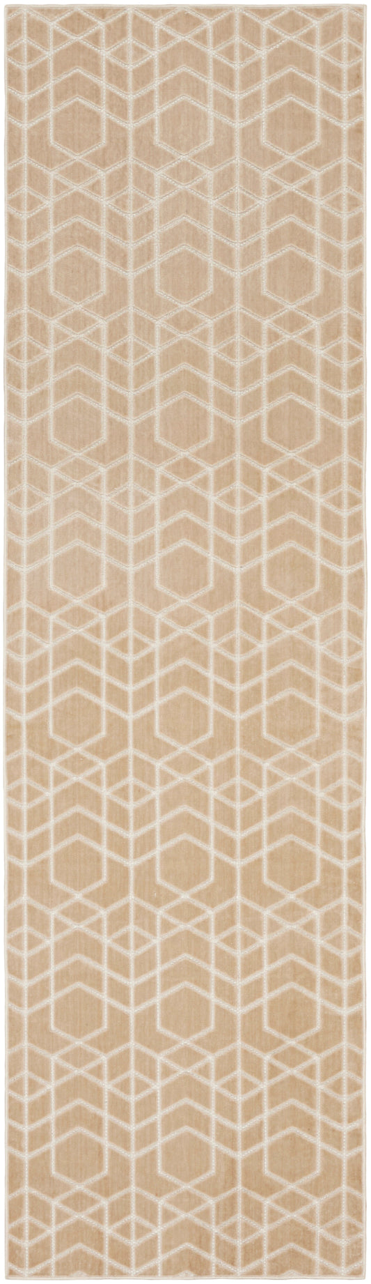 Beige runner rug with a white interlocking cube/hexagon geometric lattice pattern.