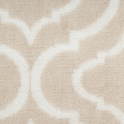 Beige plush rug with white arabesque pattern, soft pile, decorative living room floor rug