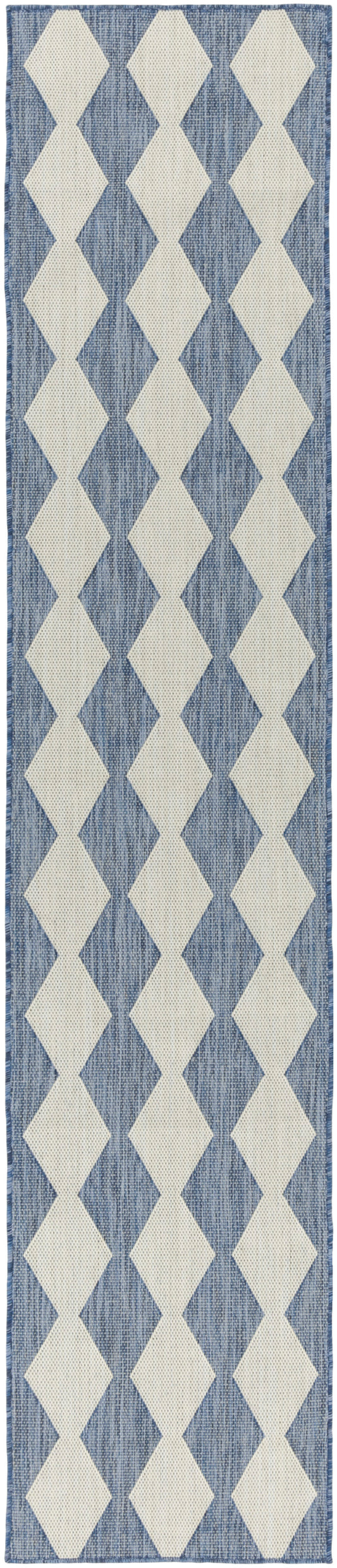 Blue woven runner rug with cream diamond pattern; geometric, hallway decor.