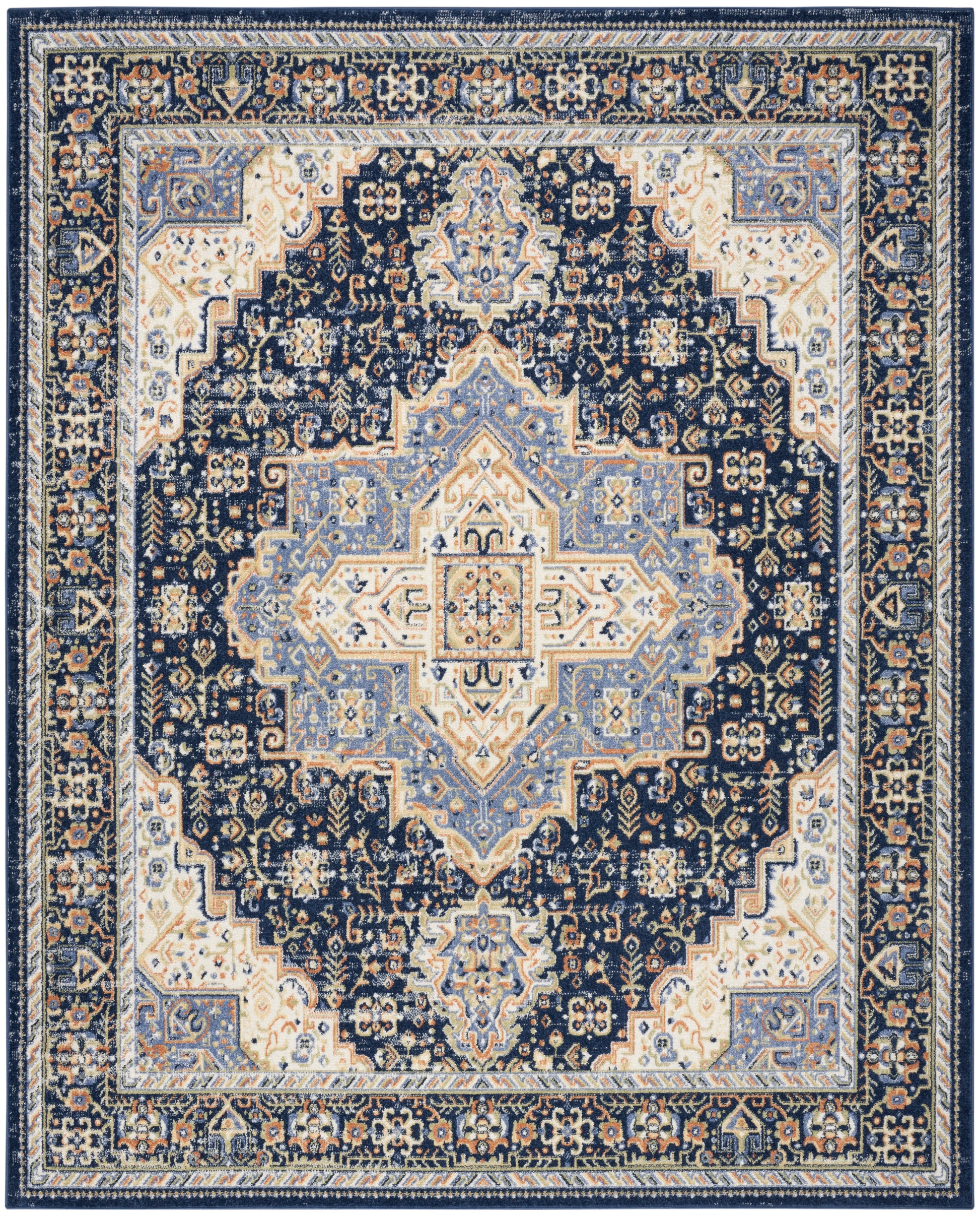 Traditional Persian-style rectangular rug with navy field, ivory & light-blue medallion center and floral borders.