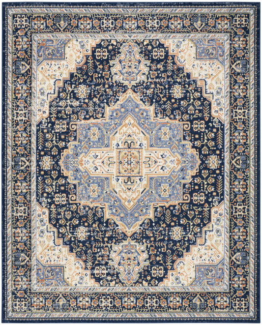 Traditional Persian-style rectangular rug with navy field, ivory & light-blue medallion center and floral borders.